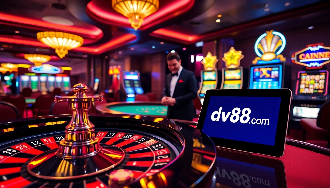 Players enjoying a luxurious casino experience with dv88.com featured prominently for online gaming.