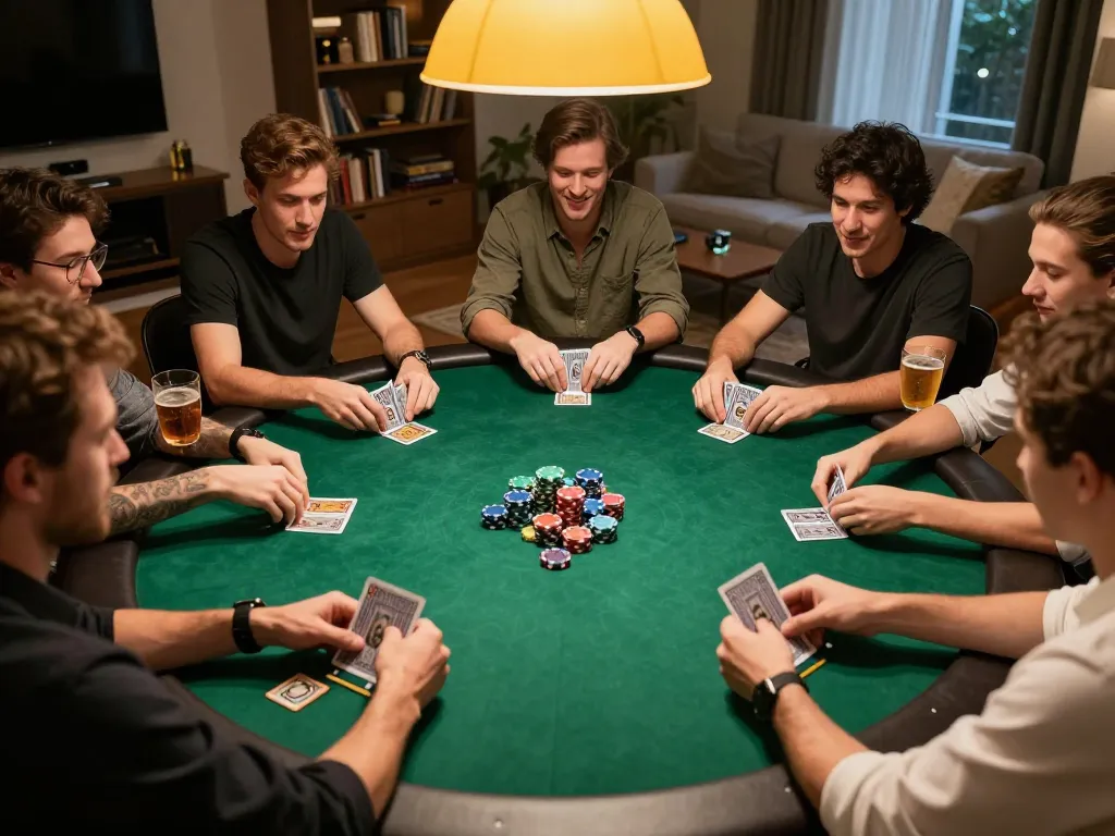 Engaging poker night scene with SC88 chip stacks and players strategizing in cozy home setting.
