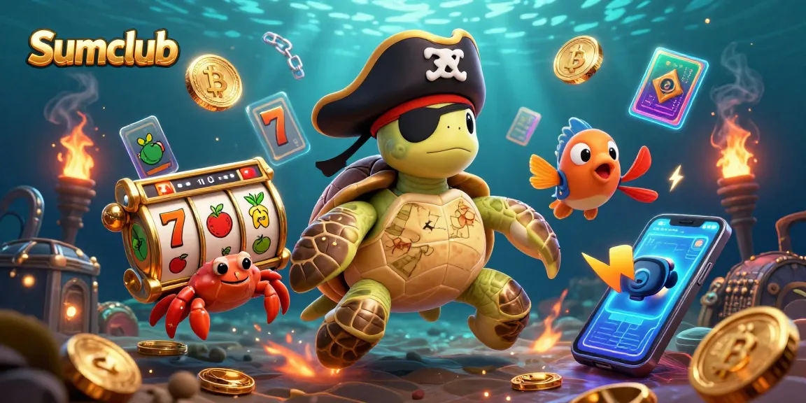 Engage with Sumclub's vibrant gaming experience featuring a pirate turtle amidst slot reels and treasure.