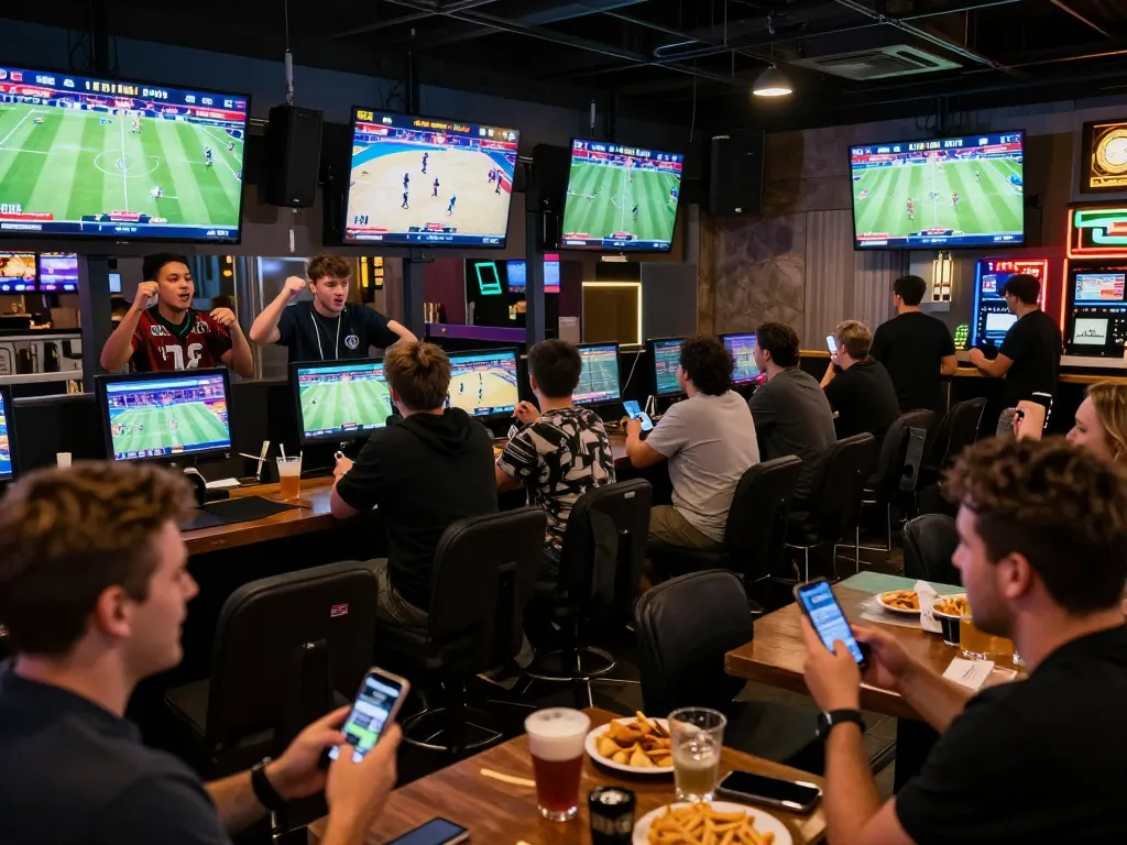 Excited fans placing bets on sports through their smartphones at a lively sports bar scene featuring tylekeonhacai88.