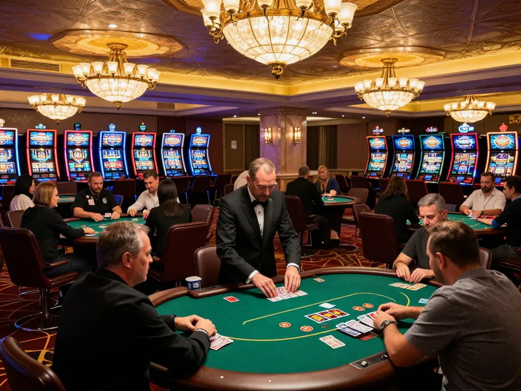 Action-packed scene at nhà cái lv88 casino with players engaged at poker tables under ambient lighting.
