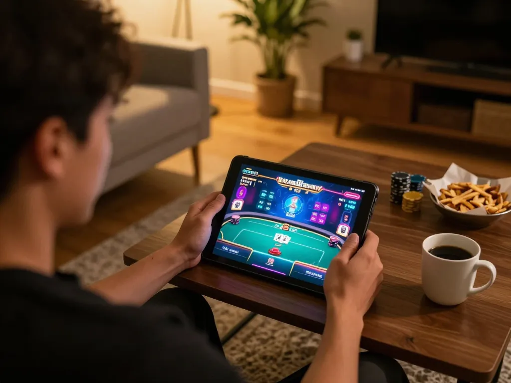 Engaged player strategizing poker on their tablet at 68gamebaivn, showcasing thrilling online gaming.