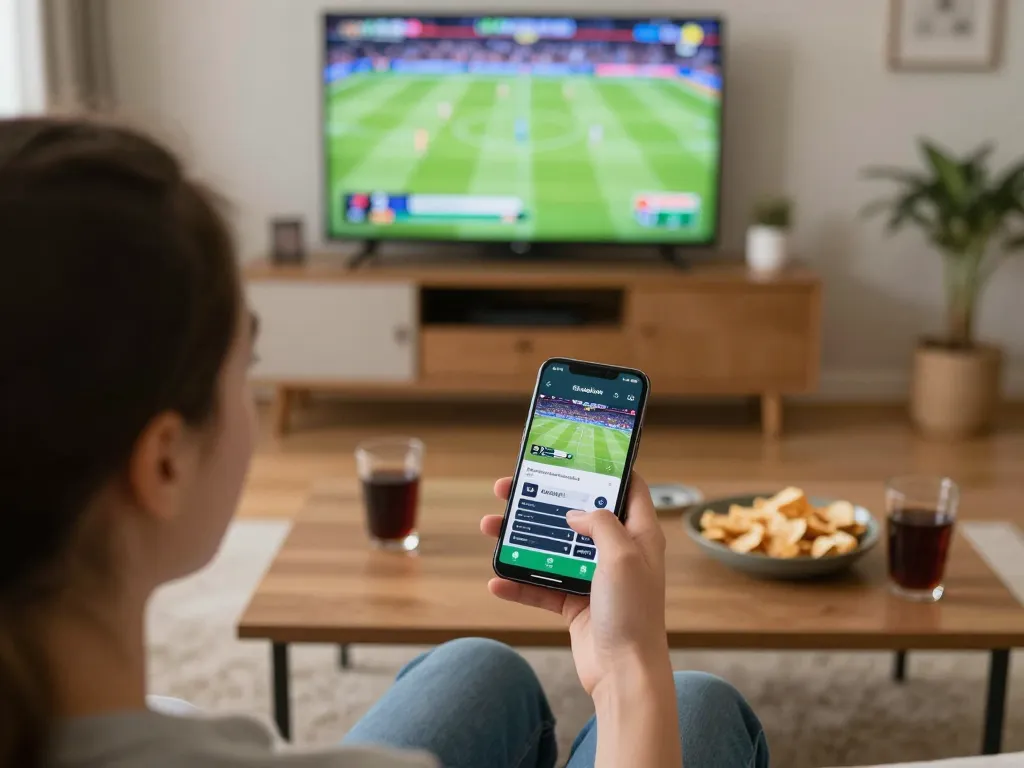 Betting on RR88 app with smartphone amidst exciting sports viewing atmosphere