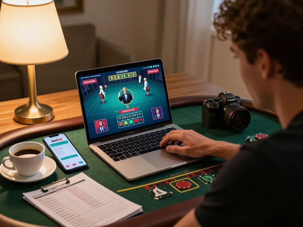 Engaged player using MM88 app for online blackjack, cozy home setting with strategic notes.