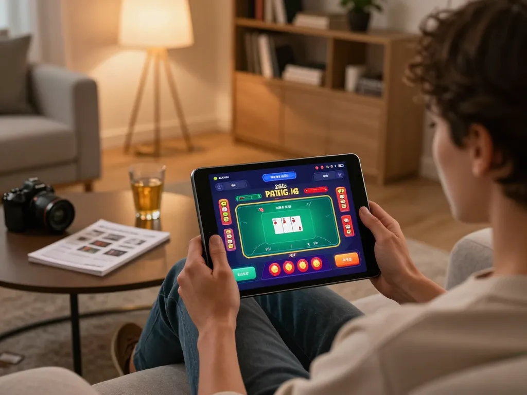 Player engaging with the 8day casino app on a tablet, highlighting a poker game in a cozy home setting.