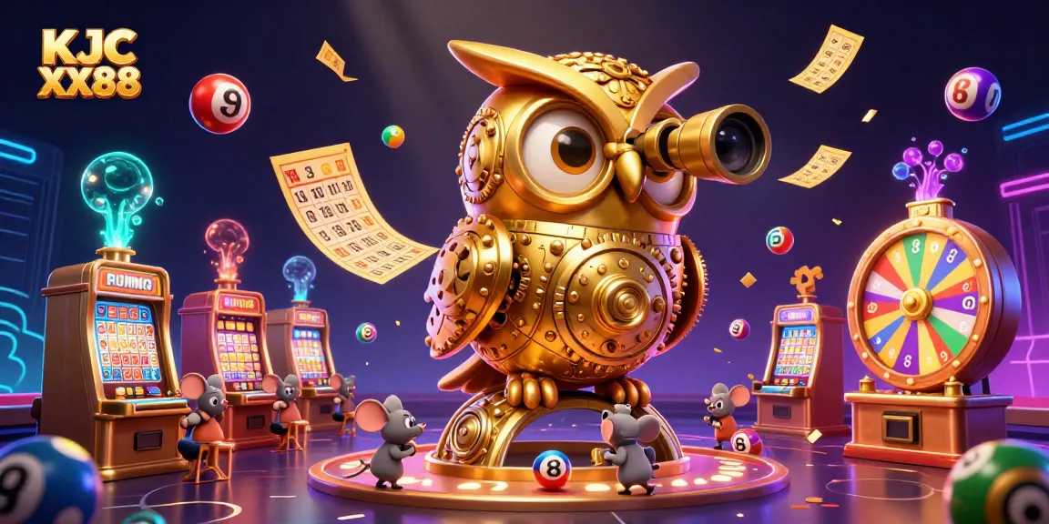 Engage with the vibrant world of KJC XX88, where a golden owl oversees a bustling casino floor filled with lively gaming elements.