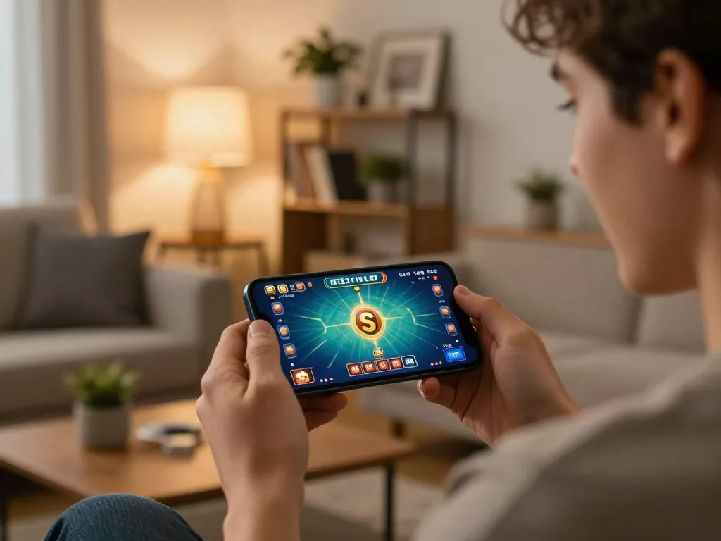B52 Club mobile gameplay on smartphone in a cozy living room, showcasing strategic gambling excitement.