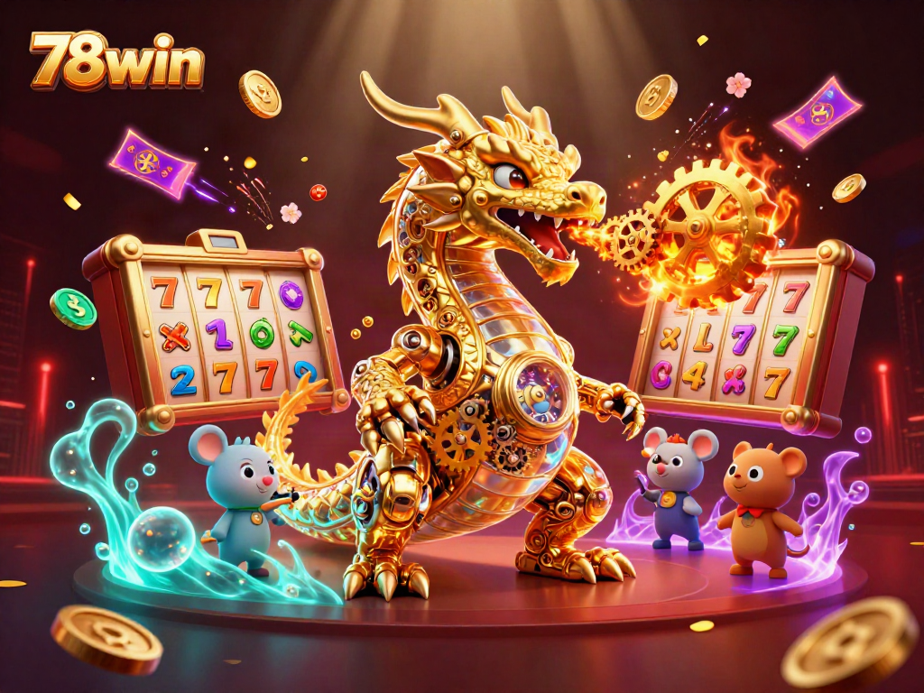 Engage with 78win's lively casino scene featuring a golden dragon and vibrant gaming elements.