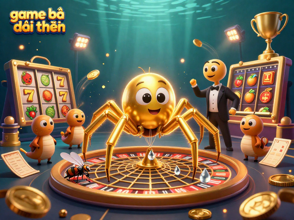 Experience exciting game bài đổi thưởng with a dynamic, colorful 3D casino illustration featuring a golden spider and more.
