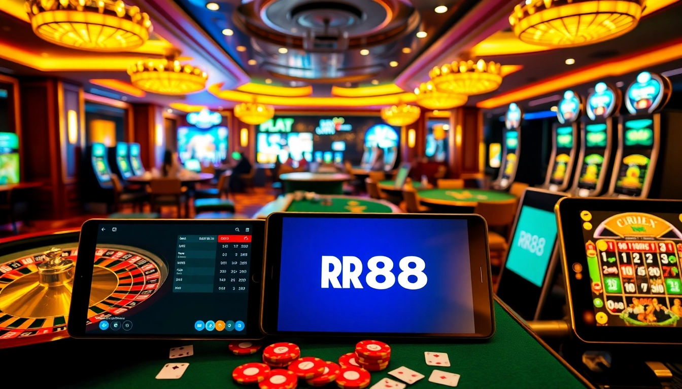Experience the excitement of RR88 at a vibrant casino table with poker chips and playing cards.