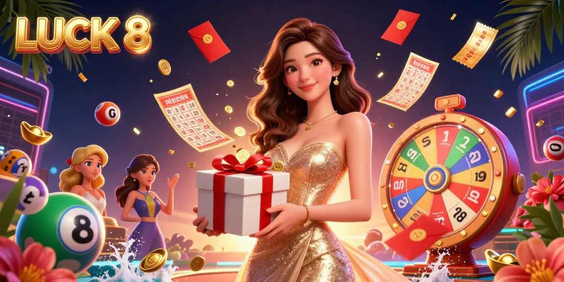 Engage with LUCK 8 at the festive casino scene filled with dynamic games, gold coins, and excitement.