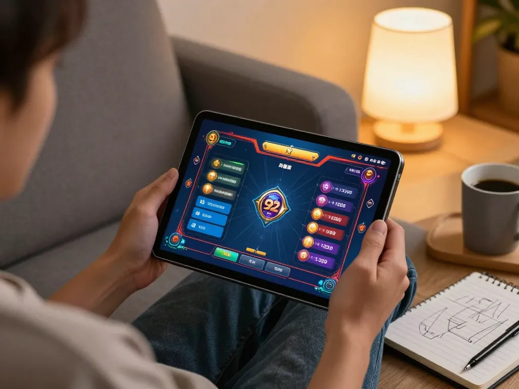 Engaging player enjoying 92slot gameplay on tablet with cozy home atmosphere.