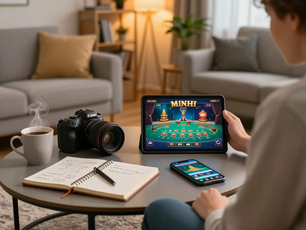 Engaging moment on the 888top homepage, featuring a person playing casino games on a tablet in a cozy living room.