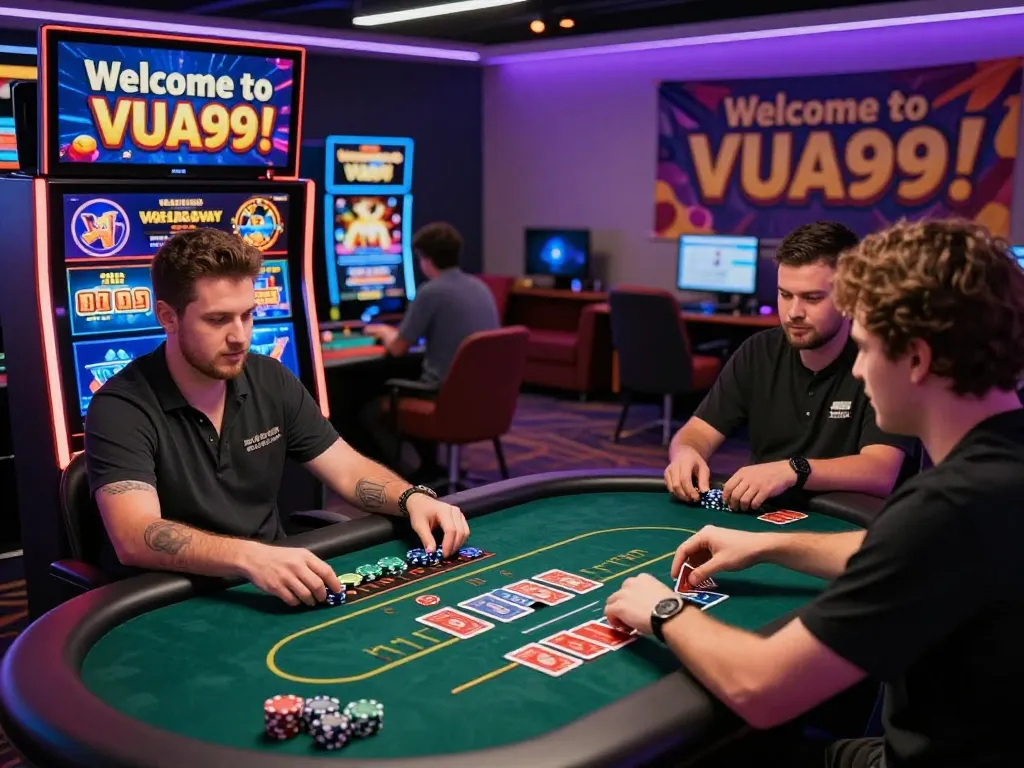 VUA99 online gaming scene with players engaged in live dealer and slot games, showcasing an exciting gambling atmosphere.