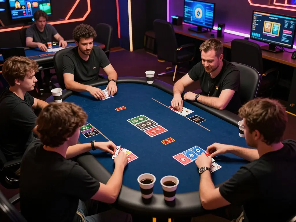 Players engaging in an online poker game at https://sx88.bio/ with animated cards and a vibrant atmosphere.