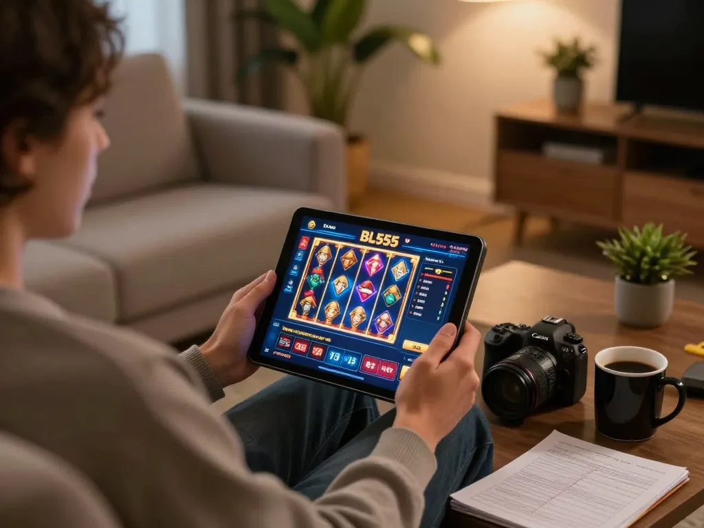 Player enjoying online slots at home with the BL555 app on tablet in a cozy setting.