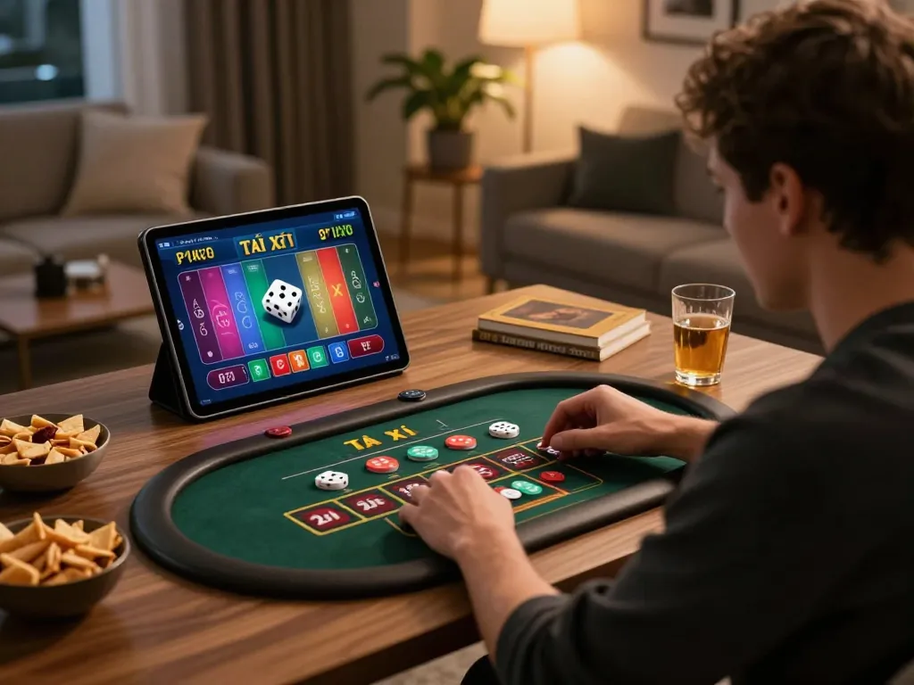 Person engaged in Tài Xỉu online gameplay at home, showcasing the action on their tablet from taixiuonlinego.