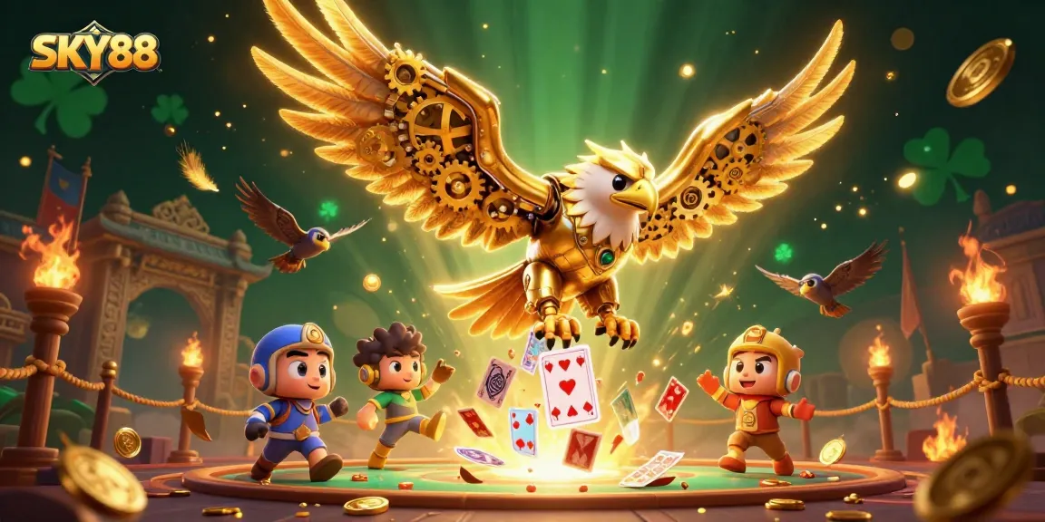Experience thrilling gameplay with SKY88's golden eagle diving through cards amidst vibrant casino elements.