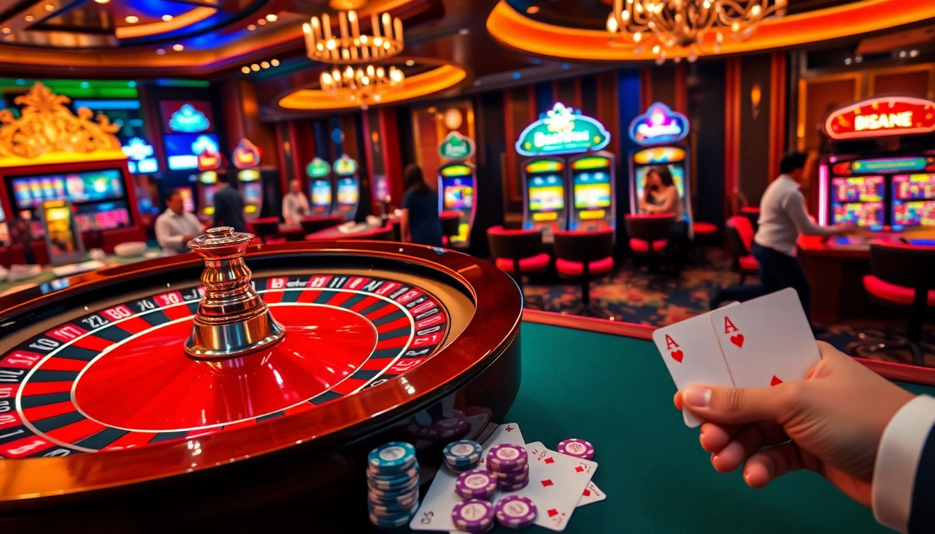Experience thrilling wins at https://qq88z.net/ with vibrant casino scenes featuring roulette, slots, and eager players.