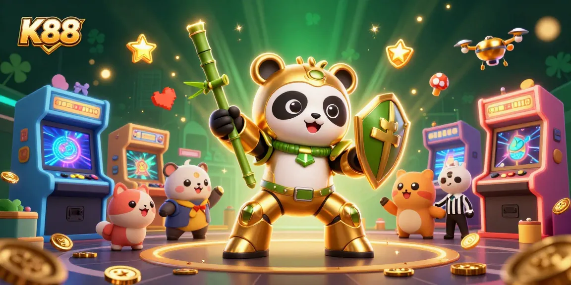 K88 showcases an engaging casino scene with a golden panda piloting a robot and vibrant gambling elements.