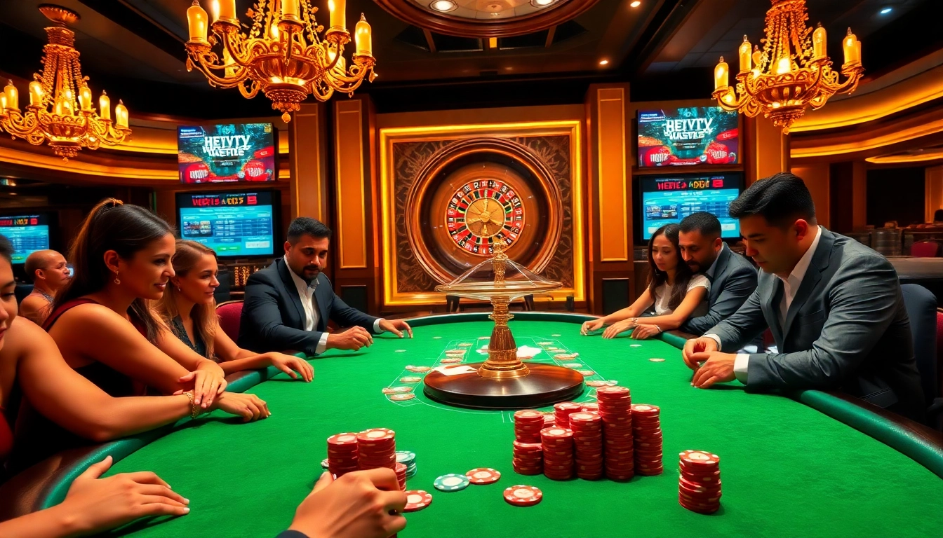 Betting excitement at https://kp88.onl/ with a vibrant poker table and roulette wheel.