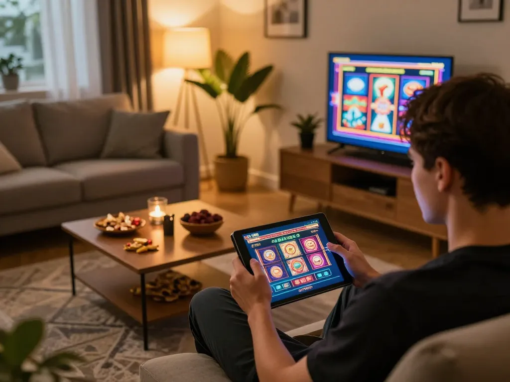 Taking a thrilling tg88 link from the comfort of home while playing exciting casino games on a tablet amidst a cozy atmosphere