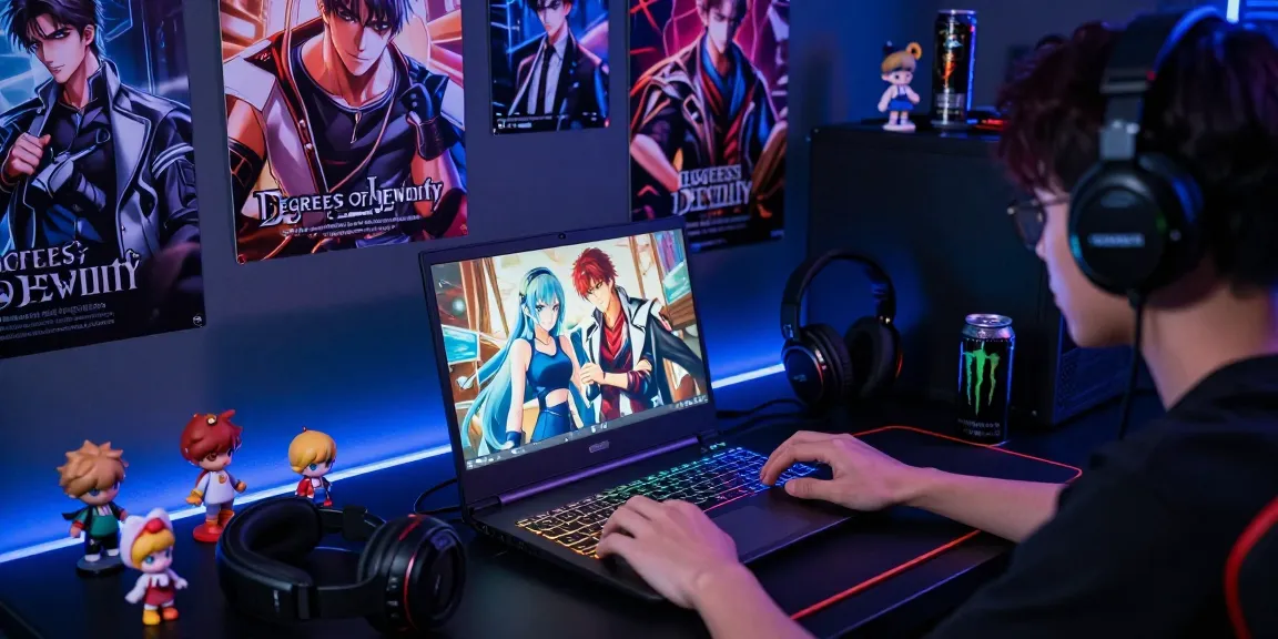 User immersed in Degrees of Lewdity and other adult visual novel games on a sleek laptop with RGB lighting.