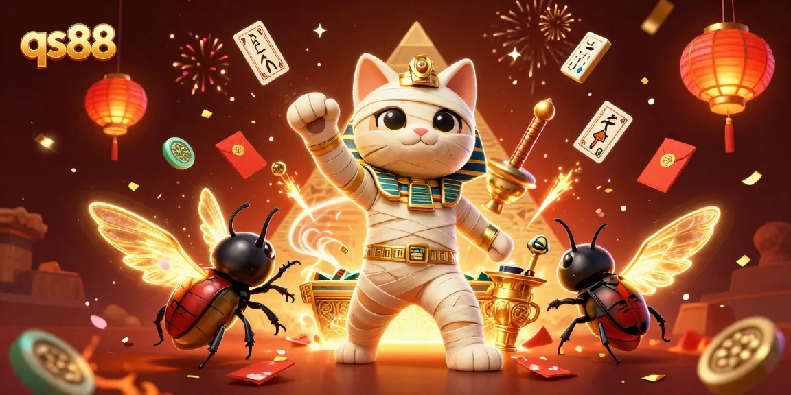 Experience qs88 in a vibrant 3D illustration featuring a mummy cat, scarab, and gaming elements.