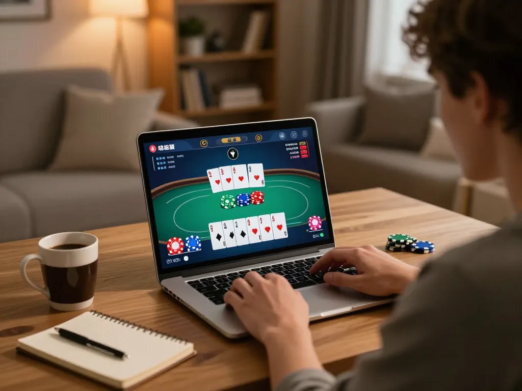 Player engaging with the 88vv online poker game on a laptop in a cozy home setting
