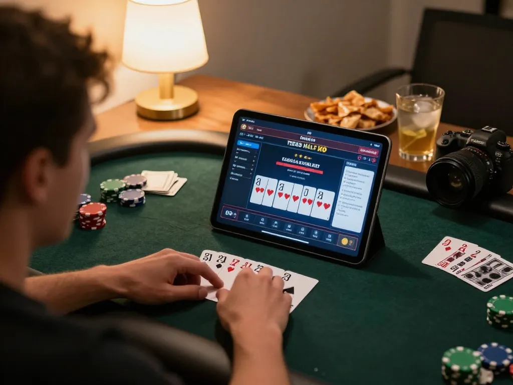 Xo88 online poker strategy session with tablet interface highlighting high-stakes game.
