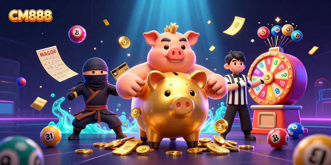 Spin to win with CM888 in a vibrant casino-themed illustration filled with dynamic gaming elements.