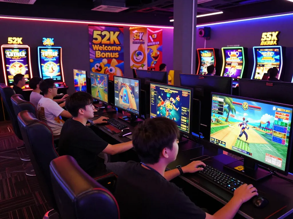 Exciting B52 gaming lounge with players enjoying various games in a vibrant, neon-lit atmosphere.