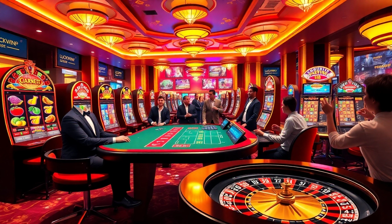 Players enjoying games at LuckyWin Casino with vibrant slot machines and a roulette table.