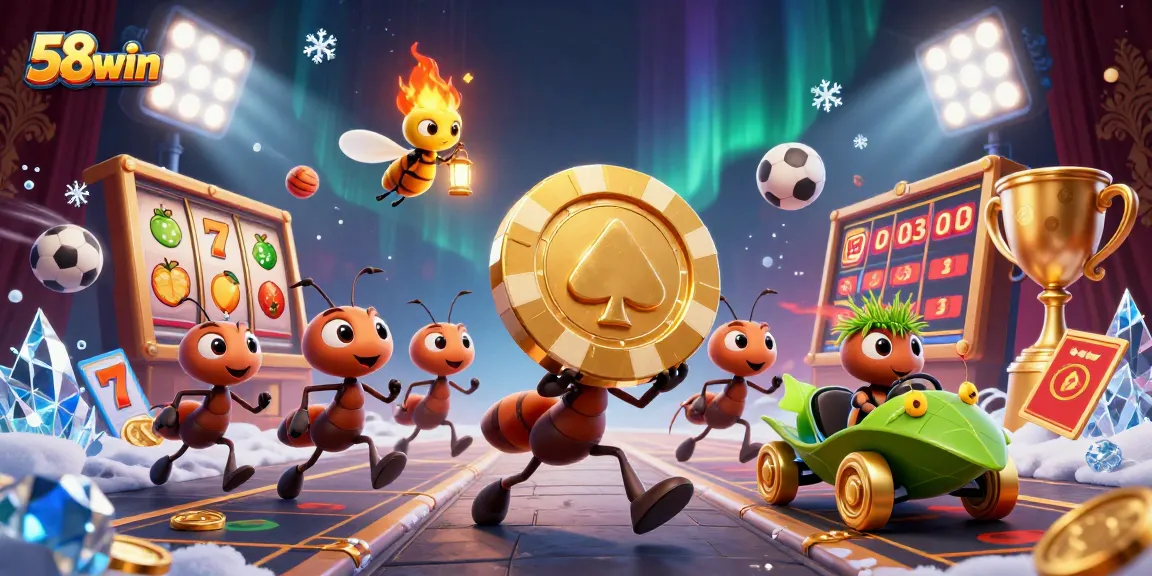 58win's vibrant gaming scene features ants in heist action amidst a rich, dynamic casino environment.