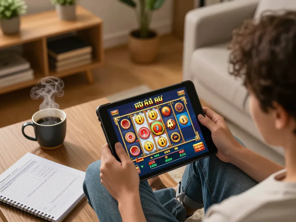 Engaging nổ hũ gameplay on a tablet surrounded by a cozy home setup, highlighting user enjoyment.