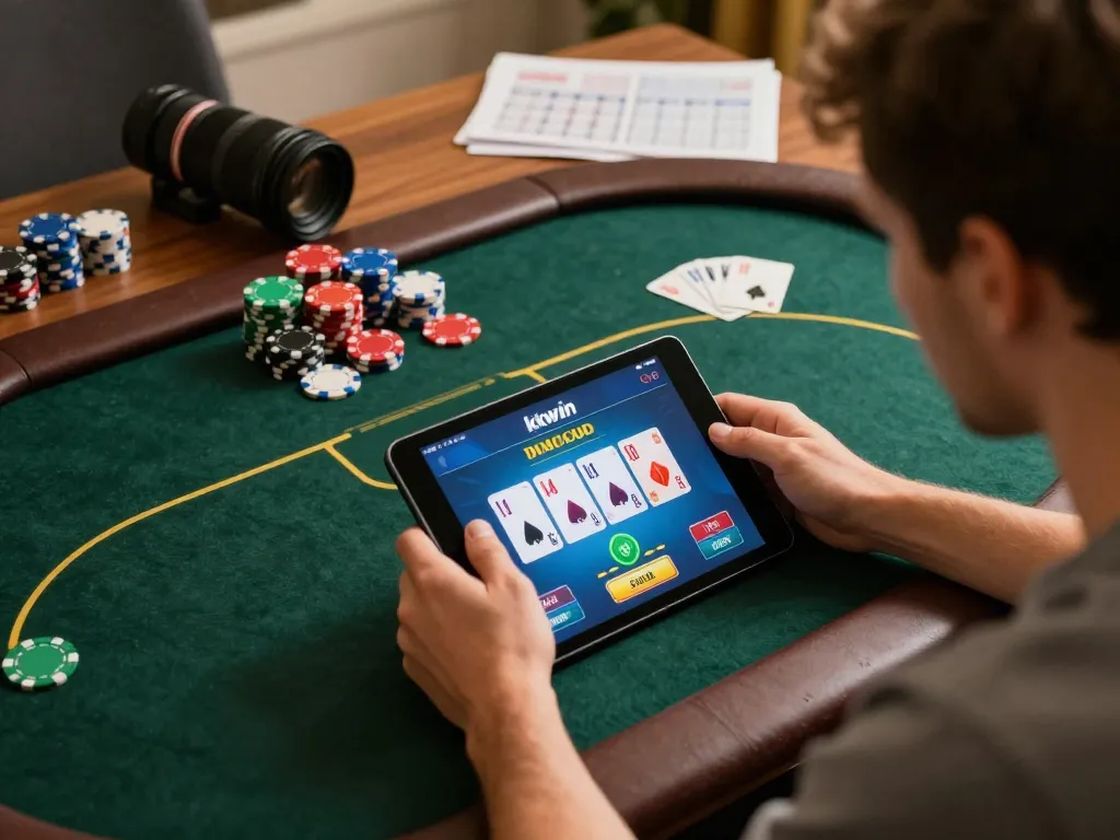 Engaging in kkwin đăng nhập while playing poker online with colorful chips and strategy notes
