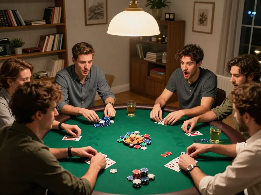 Friends enjoying poker night while analyzing kèo nhà cái strategy at home table.