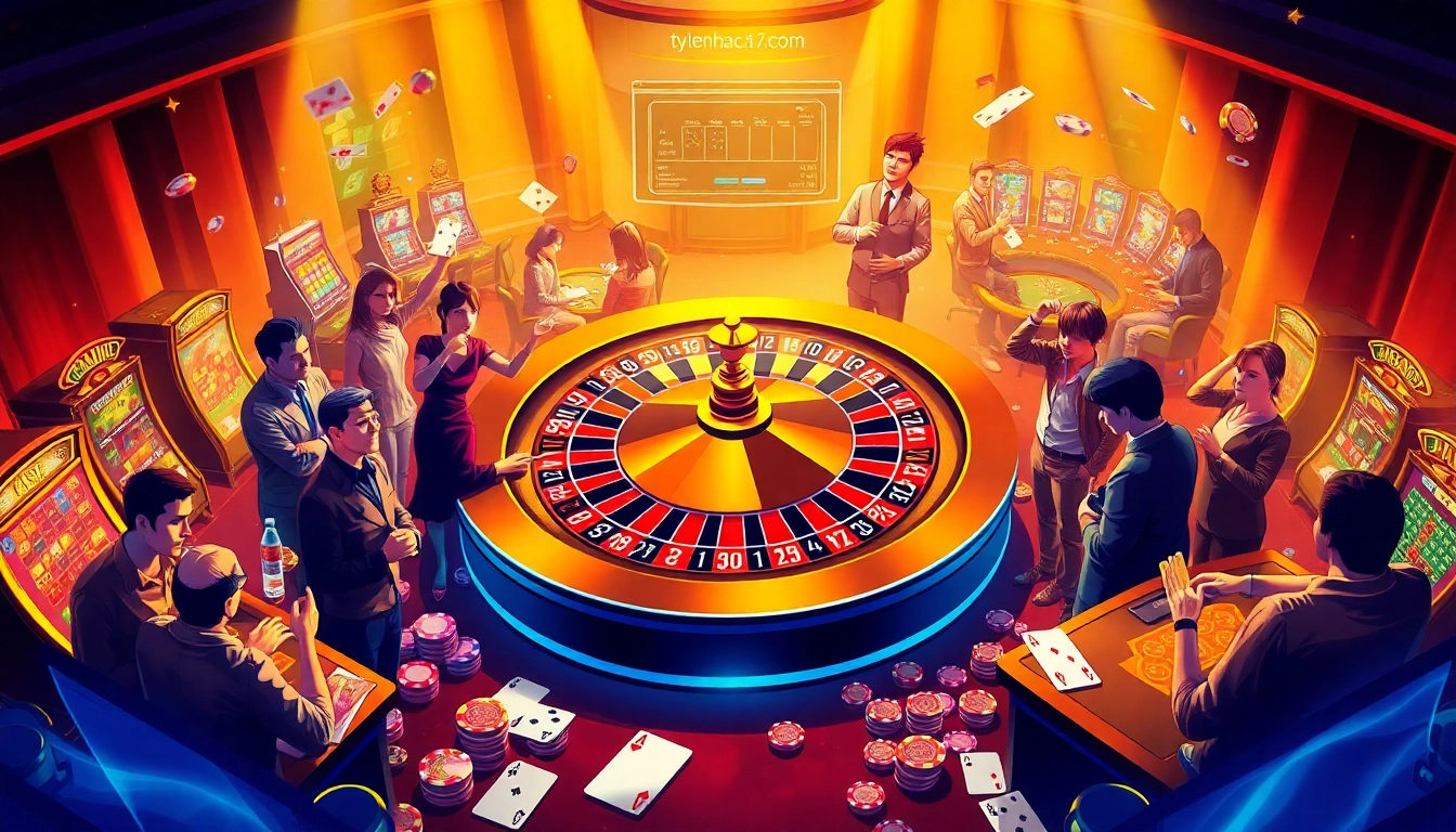 Players enjoying casino games at tylenhacai7.com, featuring a roulette wheel and vibrant atmosphere.