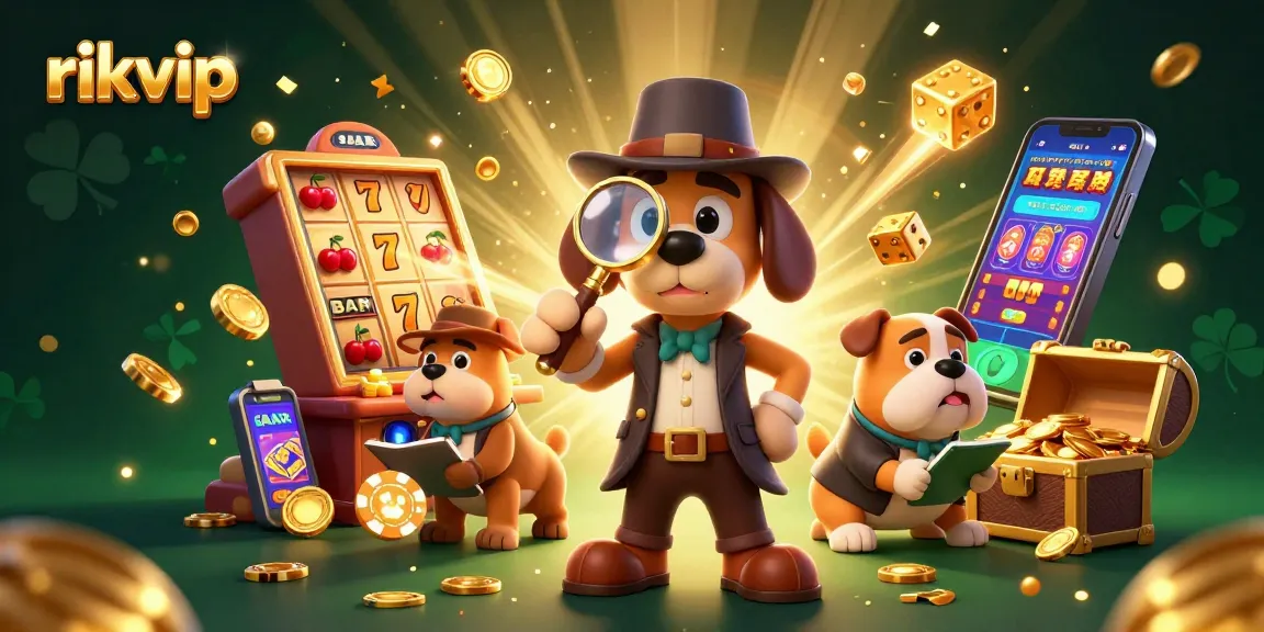 Experience excitement at rikvip with a detective unraveling jackpot clues amid vibrant casino elements.