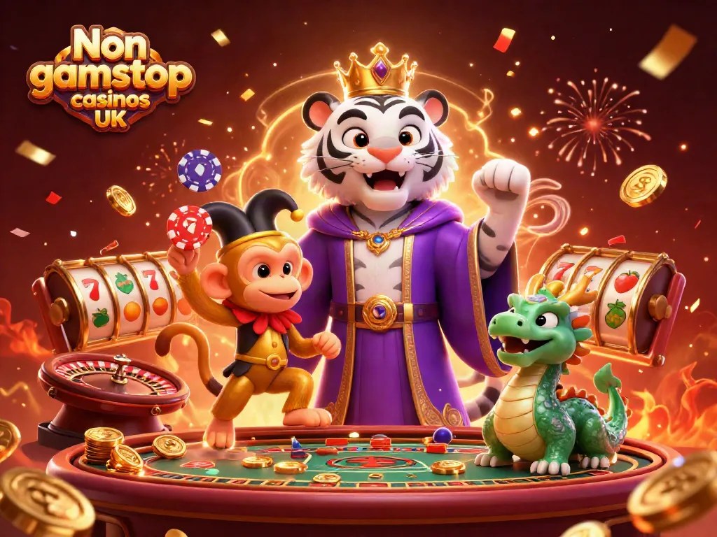 Engage with Non gamstop casinos UK through a vibrant casino illustration featuring 3D tiger royalty.