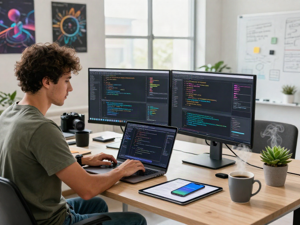 Developer coding complex algorithms in modern workspace, highlighting ia +18 tech trends.