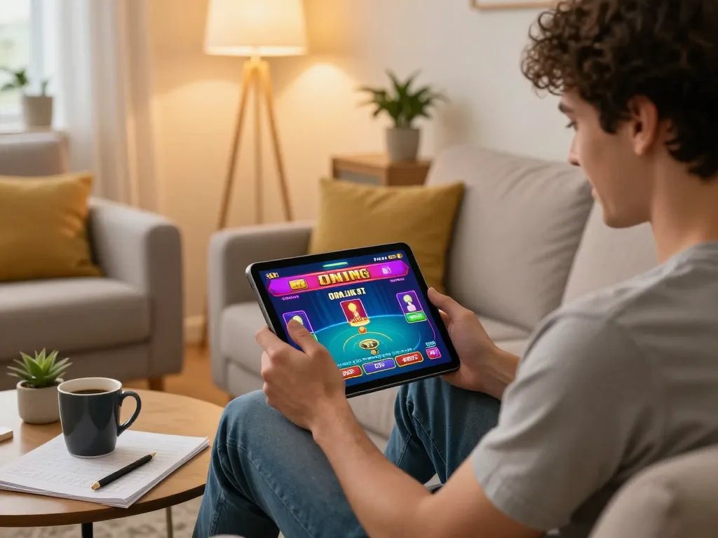Engaging gameplay on 58wiin tablet in a cozy living room with strategy notes