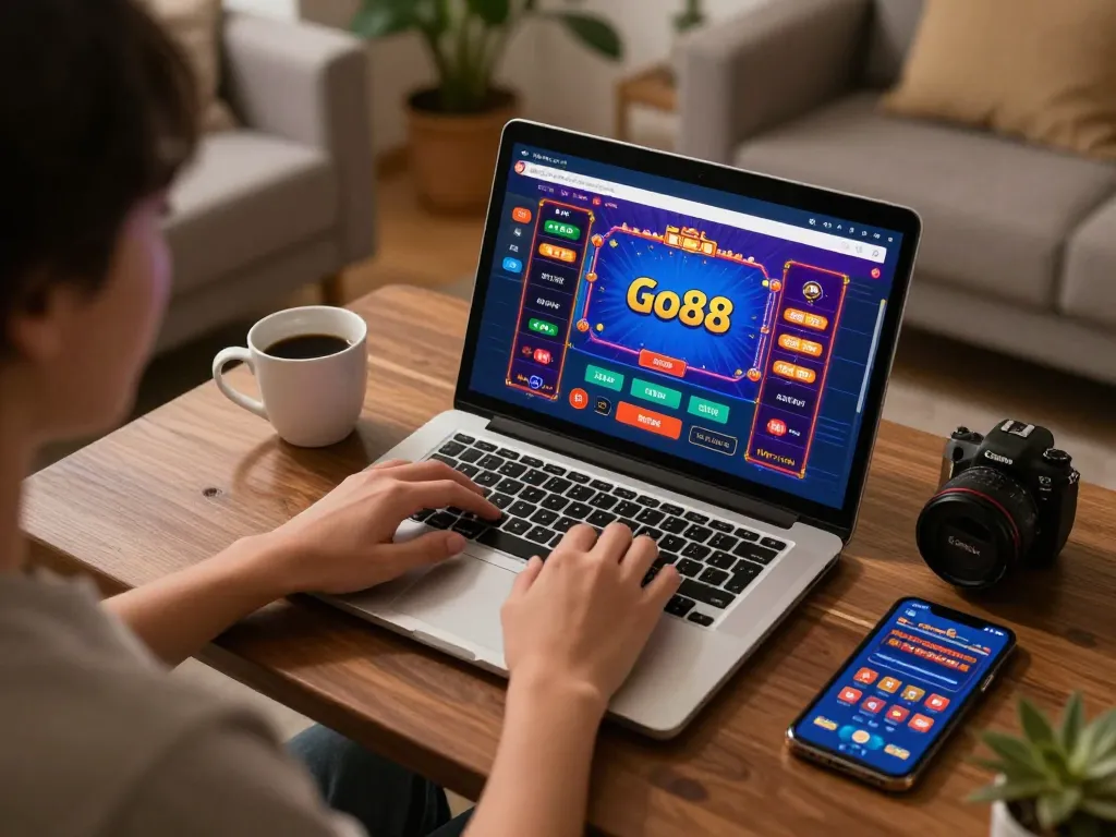 Engaging online gambling scene as users tải go88 on laptop with lively interface displayed, cozy home atmosphere.