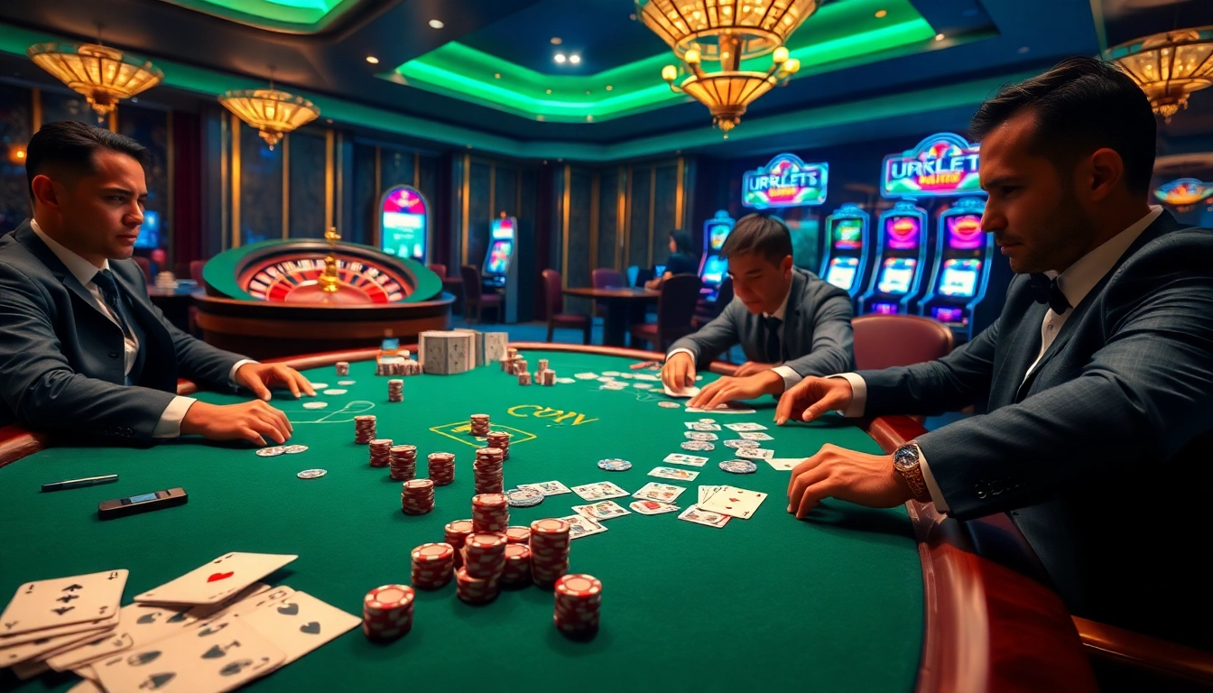 High-stakes game at https://urr88.com/ showcasing intense poker action with elegant casino decor.