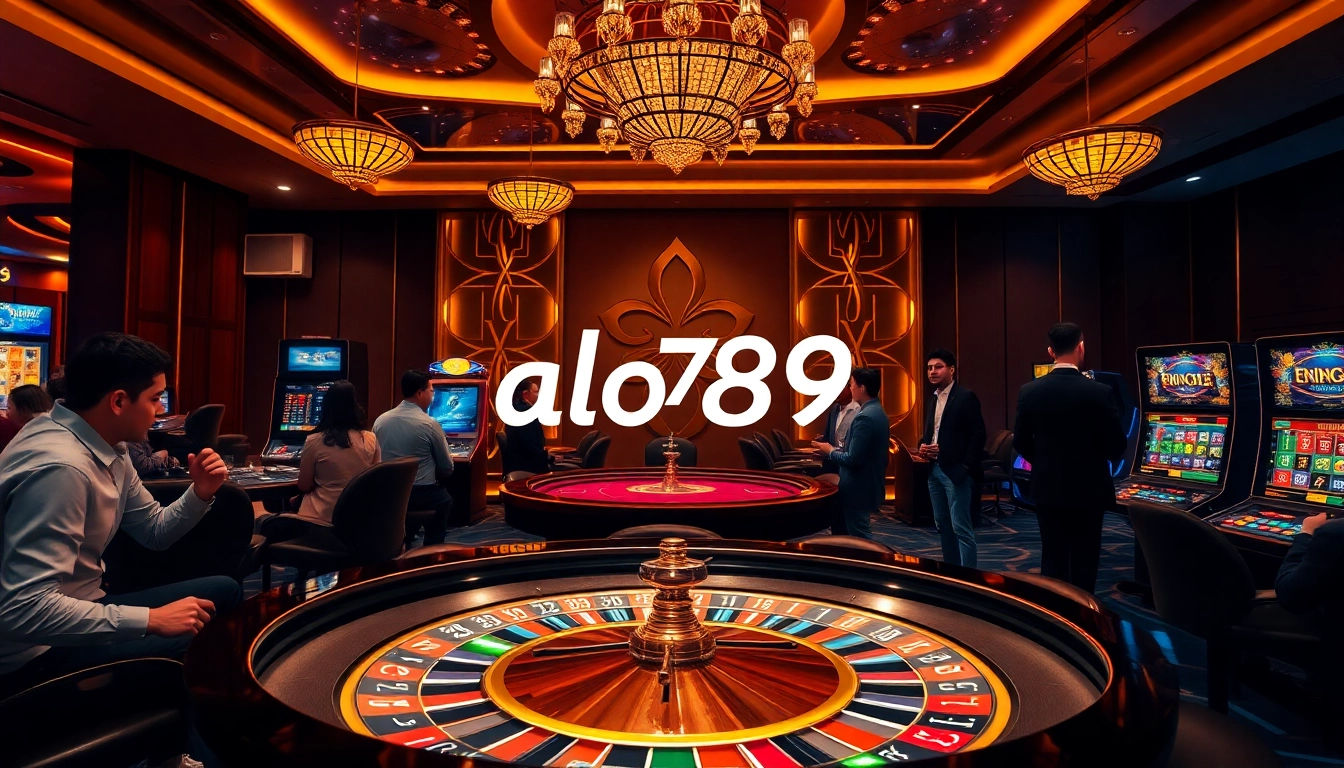 Engaging scene of players enjoying games at nhà cái alo789 casino, featuring roulette, poker, and slot machines.
