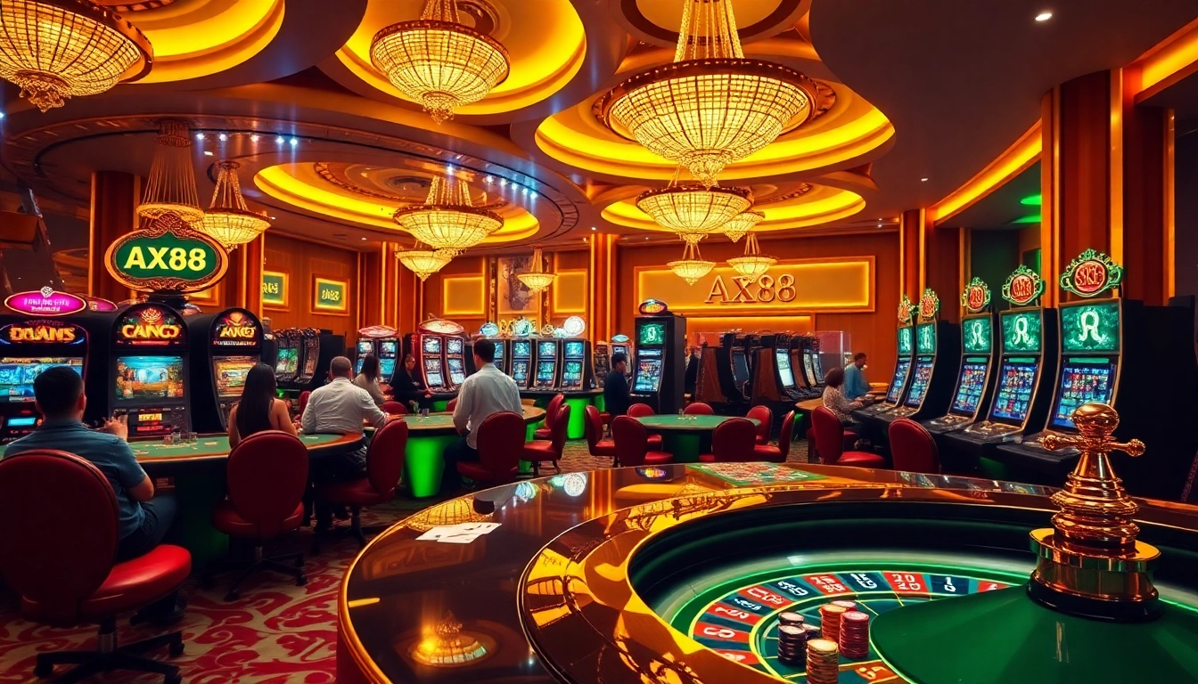Players enjoy the excitement of gambling at AX88 casino tables with vibrant decor and high-stakes gaming.