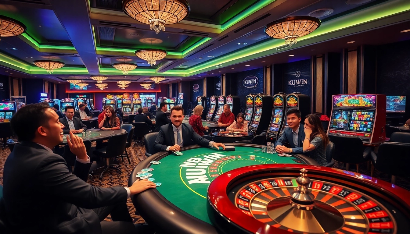 Players enjoying casino games with excitement at KUWIN's elegant gaming tables.