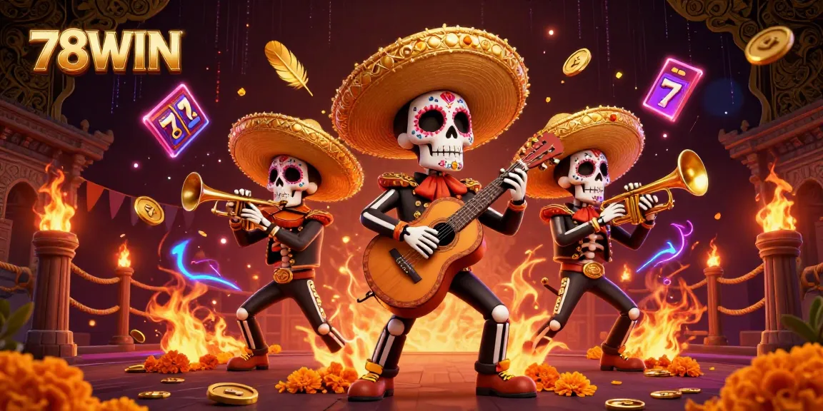 Engage in vibrant gaming with 78WIN's cartoon skeleton mariachi band celebrating in a rich casino atmosphere.