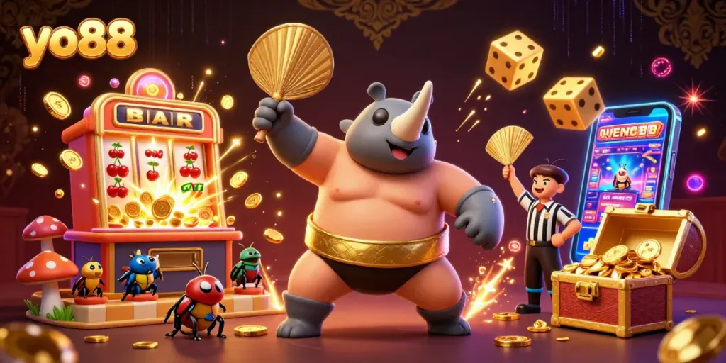 Experience the excitement of yo88 with a dynamic 3D casino scene full of colorful slot game elements and lively characters.
