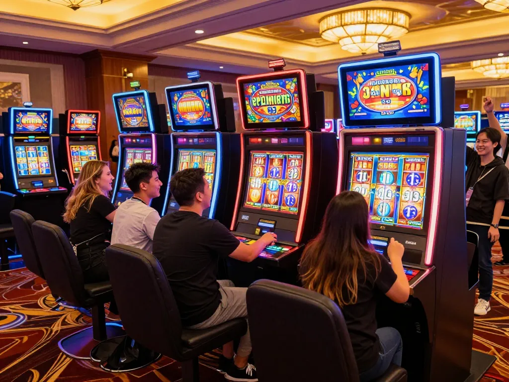 Players celebrating a win at a slot machine event, capturing the thrill of 79 king gaming moments